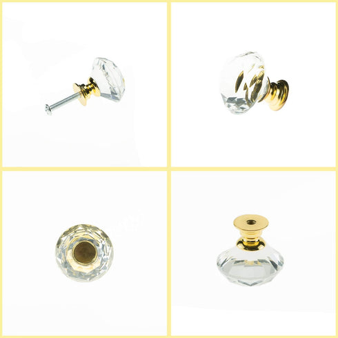 YourGift 6 Pack Drawer Knobs, Diamond Shaped Crystal Glass 30mm Cabinet Pull Handles (Gold)