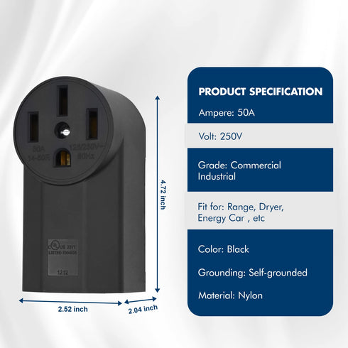 NEMA 14-50R Receptacle, 3-Pole 4-Wire Surface Mount Power Receptacle, 250V 50A UL Listed, Black