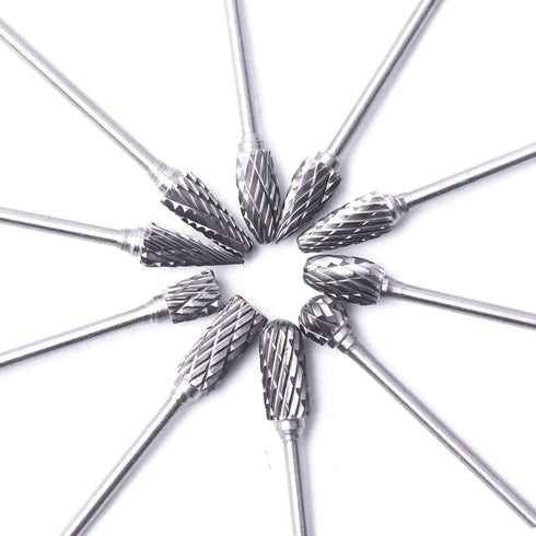 ATOPLEE 10pcs Carbide Burr Set, 2.35mm Shank Tungsten Steel Double Cut Rotary Tool for Woodworking, Drilling, Metal