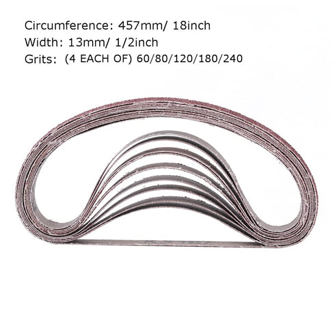 1/2 Inch x 18 Inch Sanding Belts, 20 Pack with 4 Each of 60/80/120/180/240 Grits for Woodworking, Metal Polishing