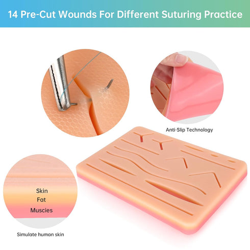 20 14 32 Suture Practice Kit: Complete Suture Kit with Needles, Threads, Pre-Cut Wounds on Silicone Pad, Pieces Total