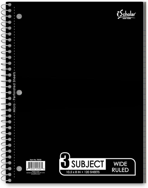 iScholar 3-Subject Wirebound Notebook, 120 Sheets, Wide Ruled, 10.5 x 8-Inches, Cover Color May Vary