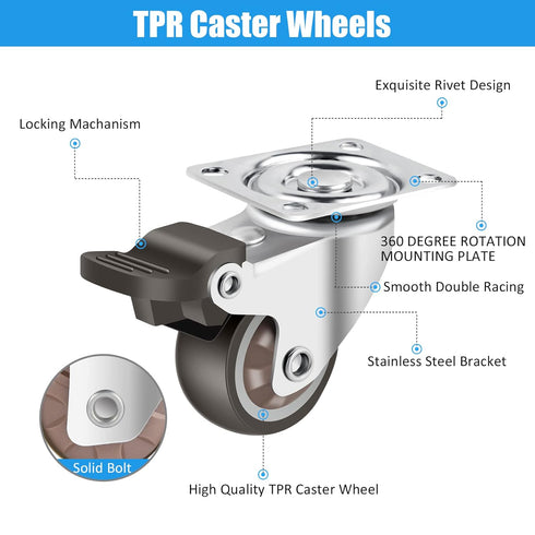 Nefish 1.5 Inch Rubber Caster Wheels with Brake, 360 Degree Rotation, 300 Pounds Capacity for Furniture, Set of 4