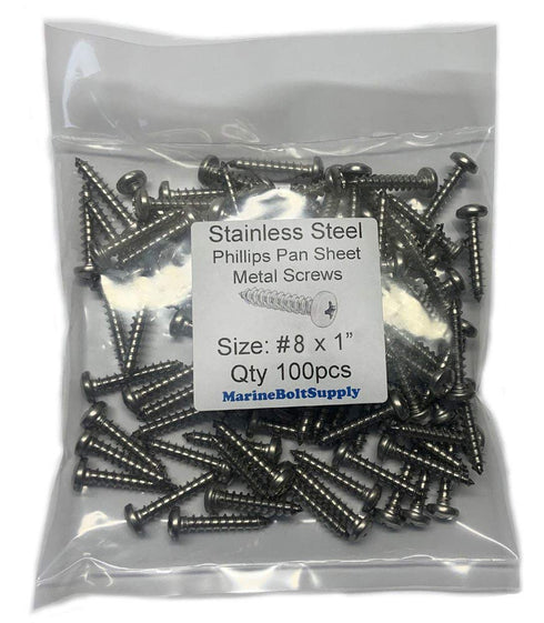 #8 x 1 Stainless Steel Pan Head Sheet Metal Screws - Full Thread, Phillips Drive, 100 Pieces by Marine Bolt Supply