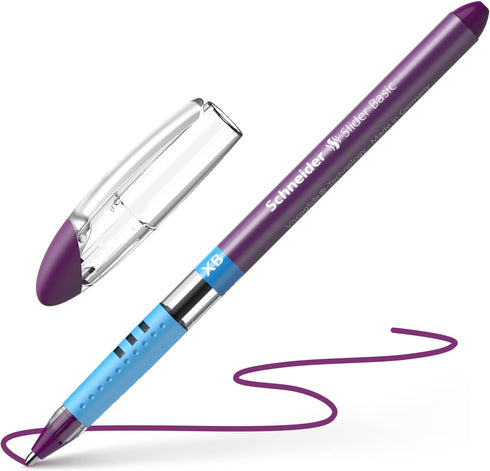 Schneider Slider Basic XB Ballpoint Pen, 1.4 mm Extra Broad, Transparent Barrel, Violet Ink, Box of 10 Pens