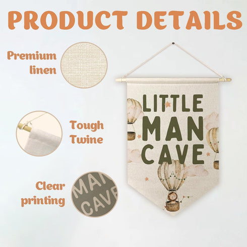 ArtisaEura Little Man Cave Wall Canvas Banners, Hot Air Balloon Nursery Decor, Baby Animal Hanging Display Pennant