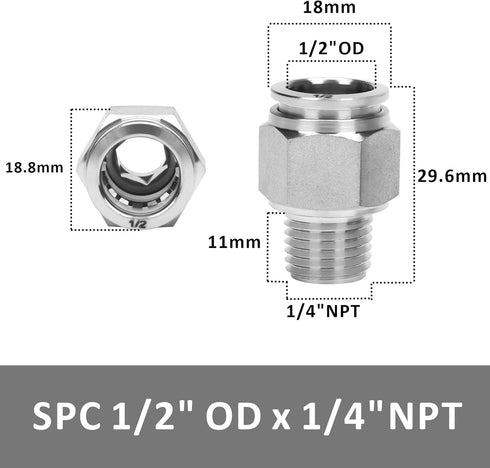 Push to Connect Fitting - 304 Stainless Steel Male Straight 1/2" Tube OD x 1/4" NPT
