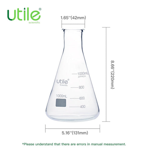 Utile 1000ml Glass Erlenmeyer Flask Set, 2pcs Narrow Mouth Borosilicate 3.3 Conical Flasks for Laboratory with Printed