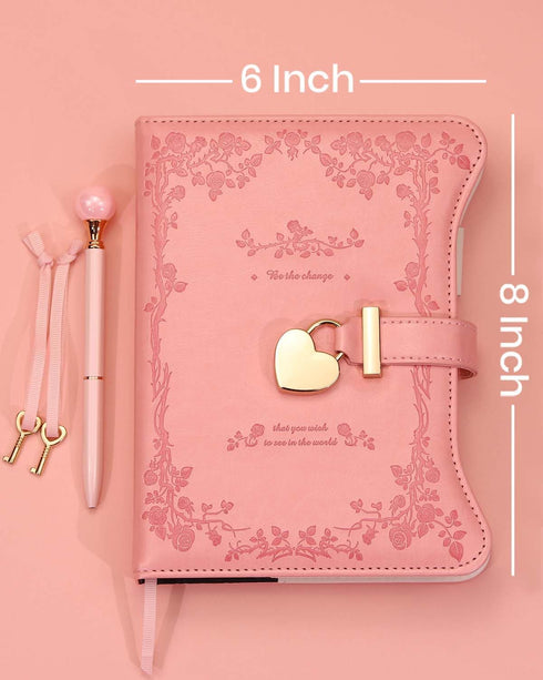 Diary with Lock and Keys for Girls – 360 Gold Edged Pages, B6 Refillable Notebook, Garden Pink, with Pen and Bookmark