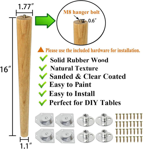 Sopicoz 16 inch M8 Pack 4 Table Legs Wood Furniture Legs for Coffee Table End Table Mid-Century Modern DIY Furniture