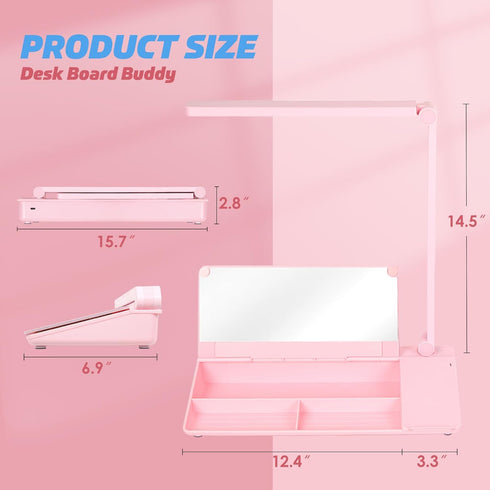 SHANTRA 16" x 7" Desktop Whiteboard, Fast Charger Station & Adjustable LED Lamp, Pink Desk Dry Erase Board