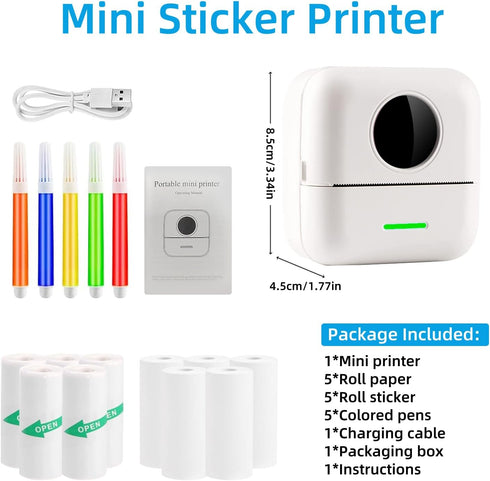Mini Thermal Sticker Printer with 11 Rolls Paper, Portable Bluetooth Pocket Printer for iOS & Android, DIY, Label