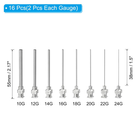 PATIKIL Blunt Tip Dispensing Needles with Bent Blunt Needle, 16 Pcs 1.5 Inch 8 Different Gauge Industrial Liquid Dispenser Needle for Refilling Liquid Ink, Silver Tone