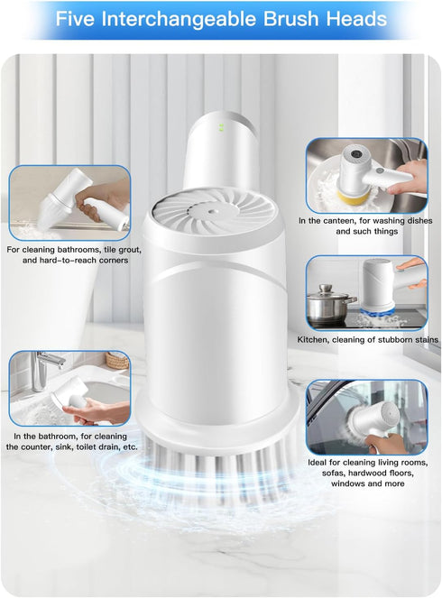IPX7 2 Settings 6 Electric Spin Scrubber - Cordless Waterproof Shower Scrubber with Speed and Replaceable HeadsElectric