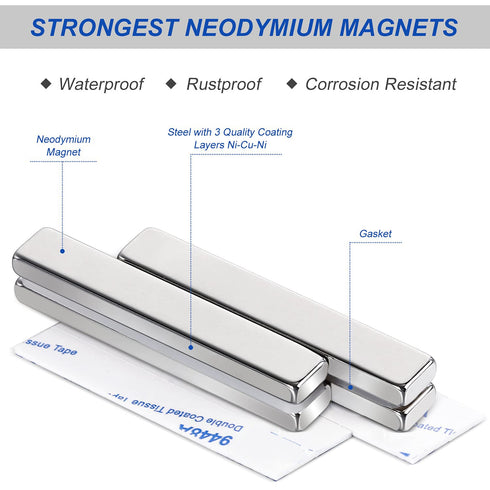 MIKEDE 12 Pack Neodymium Bar Magnets with Double-Sided Adhesive, Strong Heavy Duty Magnetic Strips, Powerful Rare Earth