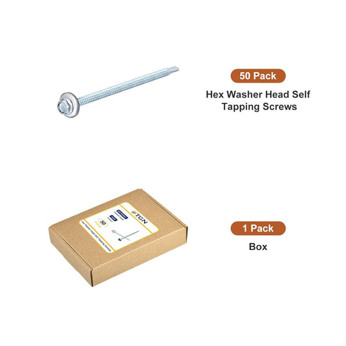 #14x5" Hex Washer Head Self Drilling Screws with EPDM Washer - 50 Pack, Carbon Steel Self Tapping Metal Sheet Screws