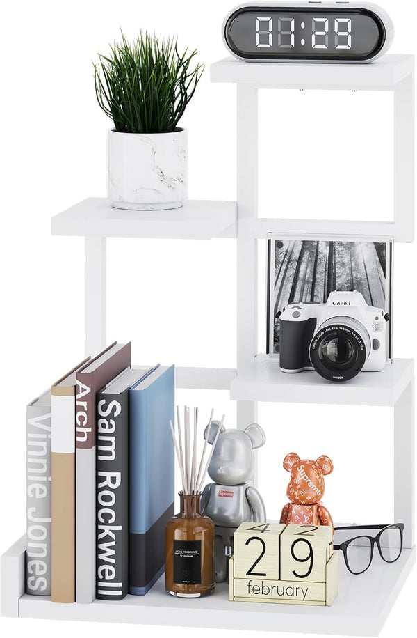 YMYNY Desktop Shelf Organizer, 4 Tier Storage Display Rack, Small Bookshelf with Metal Frame, White