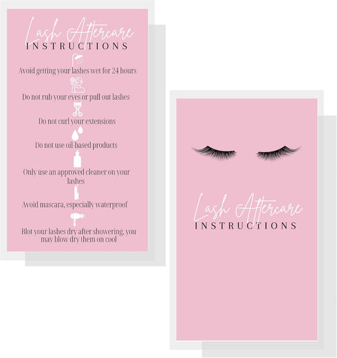 Lash Extension Aftercare Instructions Cards, 50 Pack, 2x3.5" Business Card Size, Pink Card Design