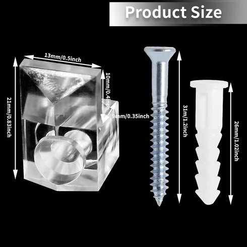 24 Sets of Mirror Holder Clips Kit, Clear Plastic Mirror Mounting Clip Glass Retainer Clips Mirror Hanging Hardware with Screws for Fixing Mirror Cabinet Door (9mm)