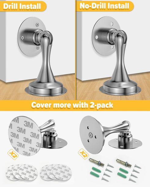 Magnetic Door Stoppers, 2 Pack Stainless Steel Heavy Duty Door Catch for Bottom Top of Door, No Drill Adhesive