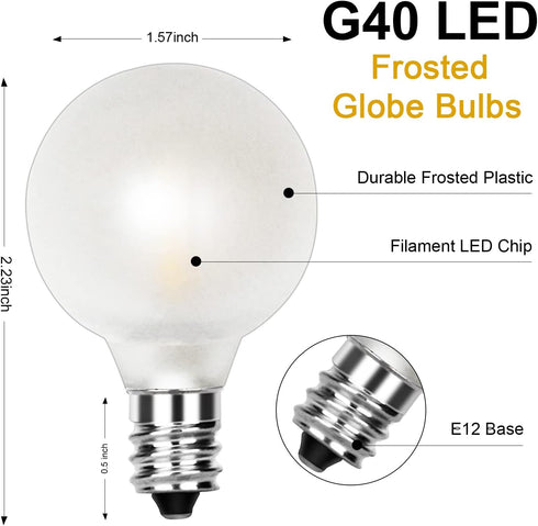 SUNSGNE 25 Pack G40 Led Replacement Light Bulbs, E12 Screw Base Shatterproof LED Globe Frosted Bulbs Light for Indoor Outdoor String Lights, 0.6watt Equvalent to 5watt Incandescent Bulbs, Warm White by SUNSGNE