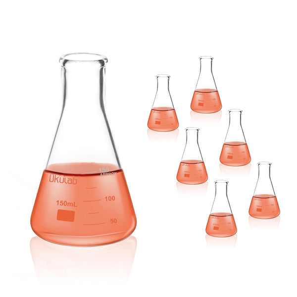 Conical Flask Set, 150mL Glass Erlenmeyer Flasks, Narrow Mouth, 3.3 Borosilicate Glass (case of 6)