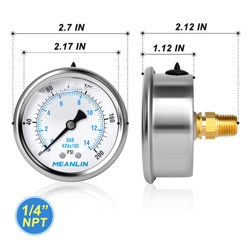 MEANLIN MEASURE 0~200Psi Stainless Steel Pressure Gauge - 1/4" NPT 2.5" FACE DIAL Liquid Filled for Water Oil Air