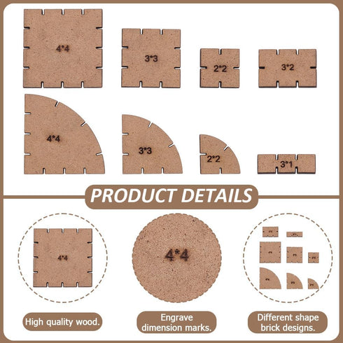 8 3D PLIGREAT Pcs Brick Tile Templates, Wood Laser Cut House with Square, Quarter-Circle, Rectangular Shape DIY