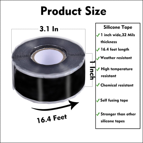 Waterproof Silicone Tape, 1 in x 16.4', Black Rubber Leak Proof Sealing Tape for Emergency Pipeline Repair