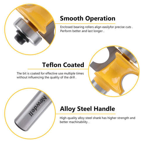 5Pcs Set 1/2 Inch 1/8" 3/16" 1/4" 5/16" 3/8" Newdeli Bullnose Router Bit Shank - Radius - Carbide Bearing Half Round