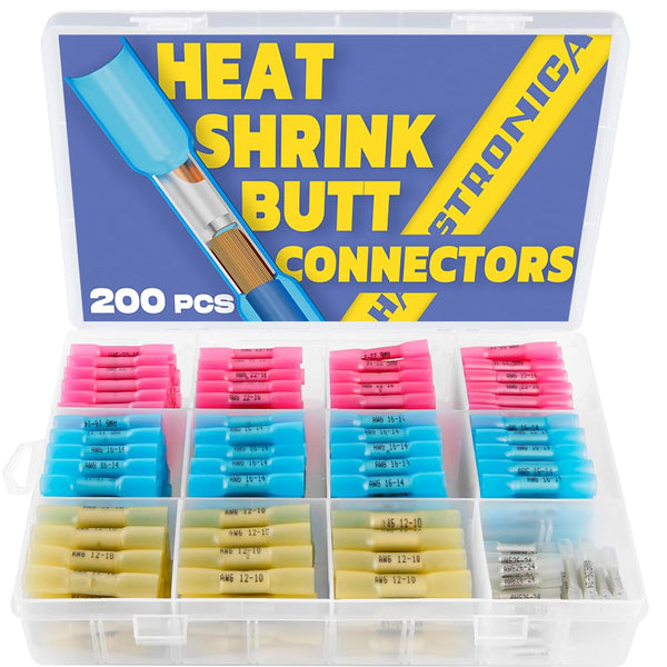 haisstronica 200PCS Marine Grade Heat Shrink Wire Butt Connectors, 26-10 Gauge Tinned Red Copper Waterproof Butt Splice