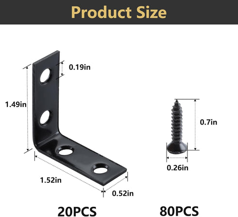 HOME MASTER HARDWARE Sets, 1-1/2 20 Pack,Black L Bracket Corner Brace " Right Angle Bracket, Metal L Brackets