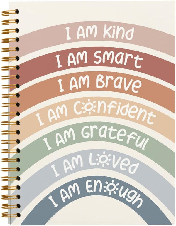 I am Kind Smart Brave Positive Boho Rainbow Lined Hardcover Spiral Notebook Journal, College Ruled, 5.5×8.3 Inch,