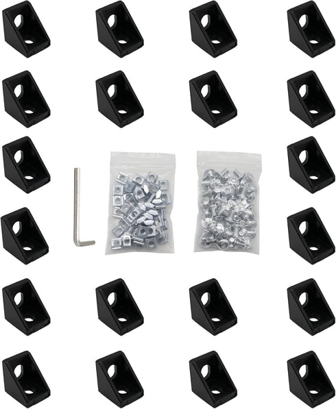 20pcs Black 2020 Series 1720 Aluminum Profile Corner Bracket with 40pcs M5 T Nuts, Screws, and Wrench for Slot