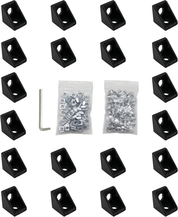20pcs Black 2020 Series 1720 Aluminum Profile Corner Bracket with 40pcs M5 T Nuts, Screws, and Wrench for Slot