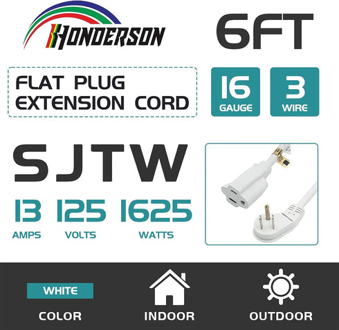 6FT Extension Cord,Flat Plug 3 Prong Short Extension Cords,White 16 Gauge Heavy Duty Cable for Kitchen Home Appliance,UL Listed