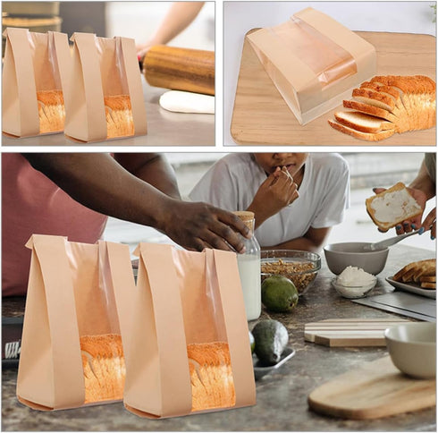 ARTSEWPLY 100pcs 250g Packaging Kraft Paper Bread Bags with Window, Baking Sandwich Pouches for Toast, Cookies