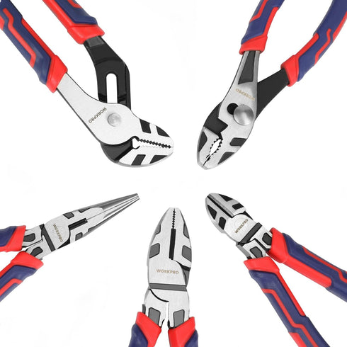 Set, 6 Inch 8 Inch 7 Inch WORKPRO Pliers Premium Cr-V Construction, Includes Slip Joint, Long Nose, Diagonal Cutting