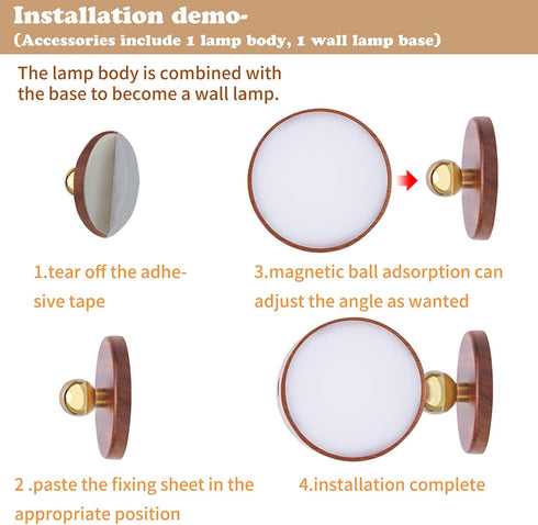 1-Pack 360 Dimmable LANDGOO Wood Wall Sconce, Sapele Wood Magnetic Rotatable Cordless Bedside Lamp, Rechargeable & LED