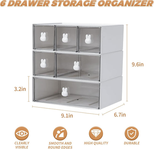 Plastic Desk Organizer with 3 Tier Drawers, Stackable Storage for Office, 6 Drawers
