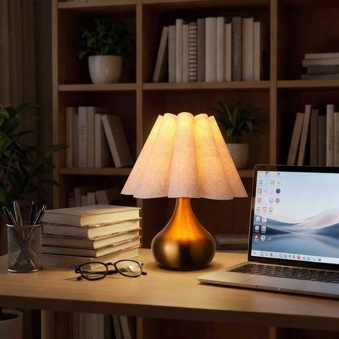 Dolymoly Small Table Lamp Pleated Table Lamp Fabric Shade Desk Lamp Gold Base Mini Bedside Nightstand Lamp with Beige