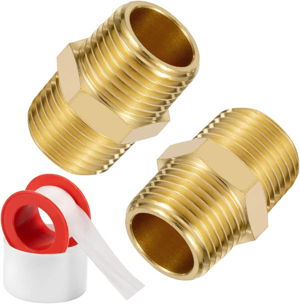 1/2" X 1/2" NPT Brass Nipple Pipe Fittings - Equal Adapter Union Male Threaded Connector, Pack of 2