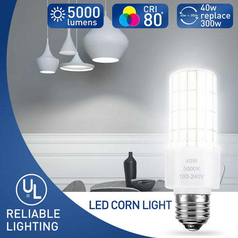 ZP 40W LED Light Bulb, 300W Equivalent, 5000 Lumen, 5000K Daylight White, A19 Bulbs, E26/E27 Base, 2 Count