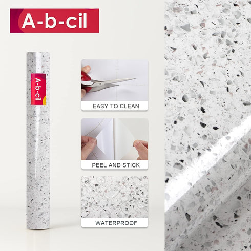 Gray White Terrazzo Contact Paper, 88" X 16" Peel and Stick Adhesive Wallpaper for Kitchen Countertop, Cabinet, Dresser