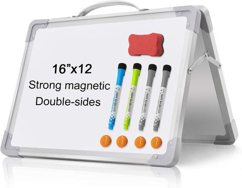Small Dry Erase White Board, 16"x 12" Double-Sided Mini Foldable Magnetic Desktop Whiteboard for Kids, Teacher