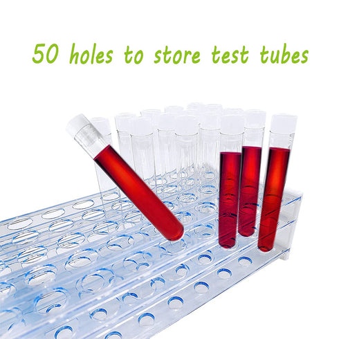 50Pcs Clear Plastic Test Tubes with Rack, 16 x 100mm Tubes with Caps for Scientific Experiments and Storage