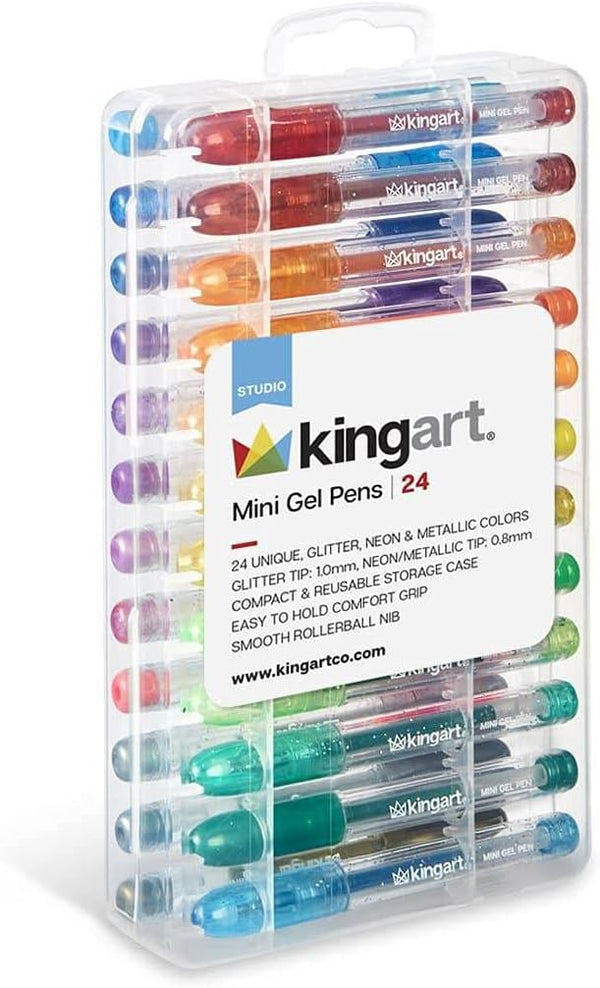 KINGART 401-24 Mini Neon, Metallic & Glitter Rollerball Gel Pens, 24 Fun-size Colors for Writing, Coloring, Doodling