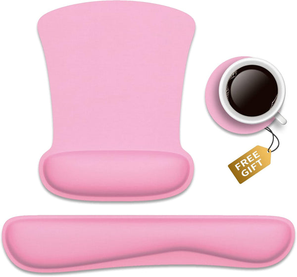 PULAIXIN Ergonomic Mouse Pad Wrist Support & Keyboard Set, Cute Memory Foam Non-Slip Rubber Base, Pink