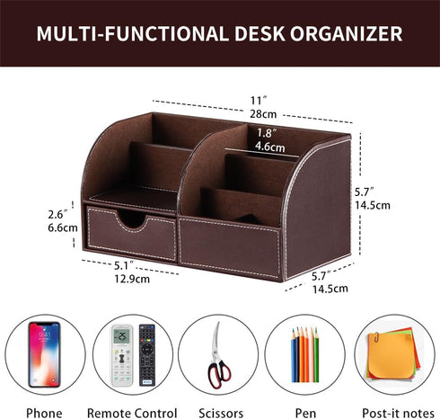 Desk Organizer, PU Leather Desktop Caddy with 6 Compartments and 1 Drawer for Office Home School Classroom