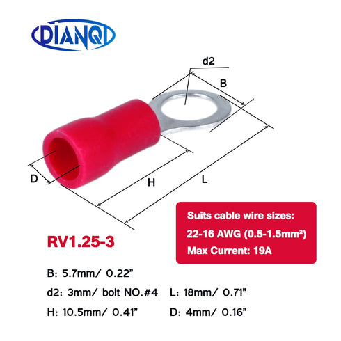 RV1.5-3 Insulated Ring Electrical Wire Connectors, Pre-Insulating Terminal Crimp for 22-16AWG (0.5-1.5mm) Cable, 100pcs